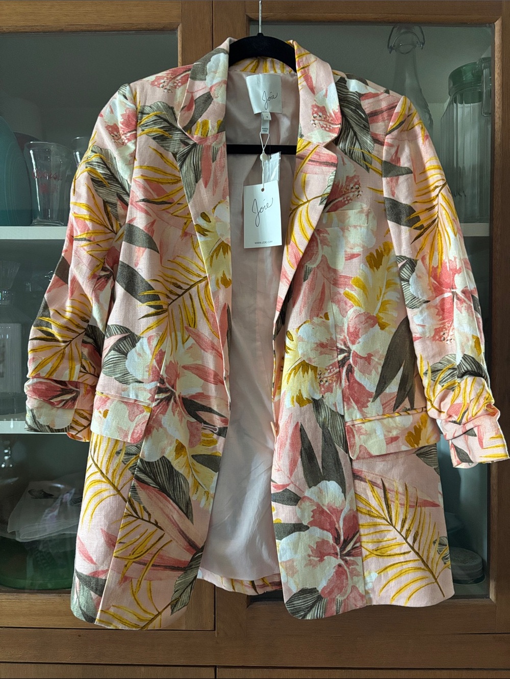 Joie Pink Floral Linen-Blend Blazer with Yellow & Green Accents